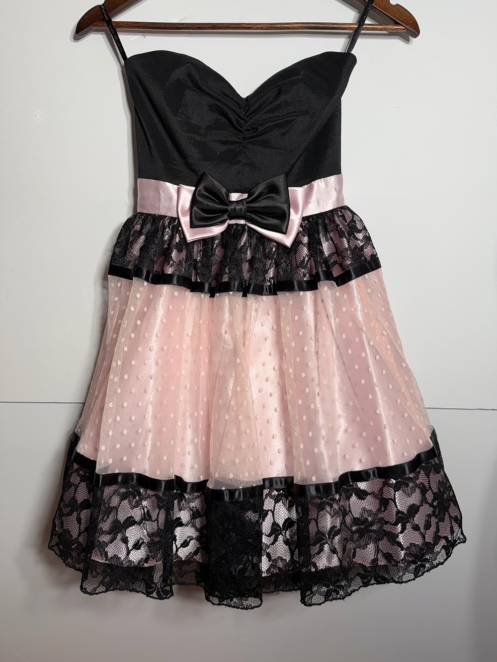 Jessica McClintock for Gunne Sax Black & Pink Strapless Polka Dot Lace Dress